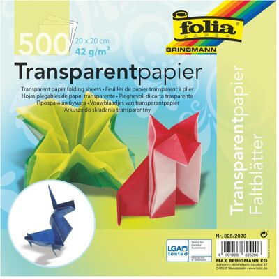 Folia Papier Transparent pour Origami 20x20cm 42g/m² 500 Feuilles - Publicité Folia Papier Transparent pour Origami 20x20cm 42g/m² 500 Feuilles - Publicité