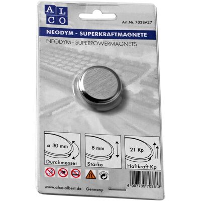 Alco, Aimant, Aimant super-puissant, argent brossé 30mm (1x) - Publicité Alco, Aimant, Aimant super-puissant, argent brossé 30mm (1x) - Publicité