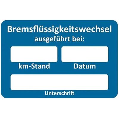Eichner, Étiquettes, Aufkleber Bremsflüssigkeitswechsel ausgeführt, blau/weiss, 250 St. Publicité Eichner, Étiquettes, Aufkleber Bremsflüssigkeitswechsel ausgeführt, blau/weiss, 250 St. Publicité