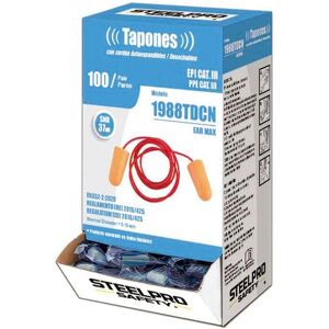 SteelPro, Protection auditive, Ear max disposable earplugs with cord, box 100 units (100x) - Publicité SteelPro, Protection auditive, Ear max disposable earplugs with cord, box 100 units (100x) - Publicité