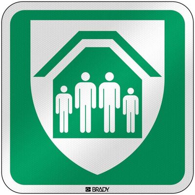 Brady, Signalisation de sécurité, E/E021/NT/RFL-390x390-1, ISO Panneau de sécurité - Abri, revêtement réfléchissant laminé. Publicité Brady, Signalisation de sécurité, E/E021/NT/RFL-390x390-1, ISO Panneau de sécurité - Abri, revêtement réfléchissant laminé. Publicité