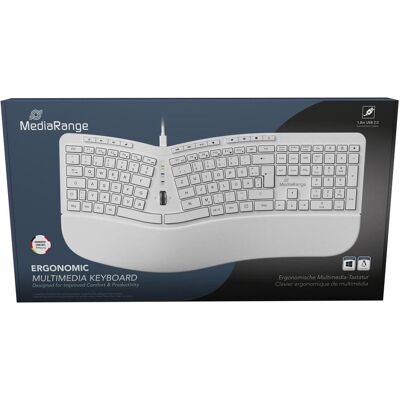 MediaRange Clavier ergonomique blanc filaire/124 touches/roue de défilement (DE, Filaire), Clavier, Blanc - Publicité MediaRange Clavier ergonomique blanc filaire/124 touches/roue de défilement (DE, Filaire), Clavier, Blanc - Publicité