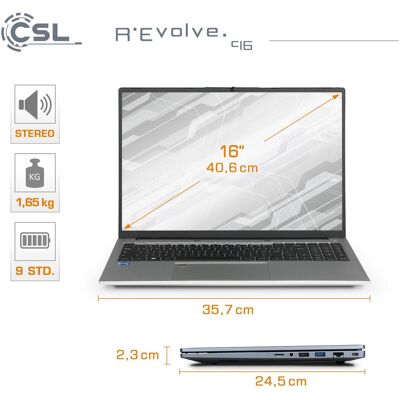 CSL R'Evolve C16 - Intel Core i5, 16" IPS, 64GB RAM, 500GB SSD - Ordinateur portable - Publicité CSL R'Evolve C16 - Intel Core i5, 16" IPS, 64GB RAM, 500GB SSD - Ordinateur portable - Publicité