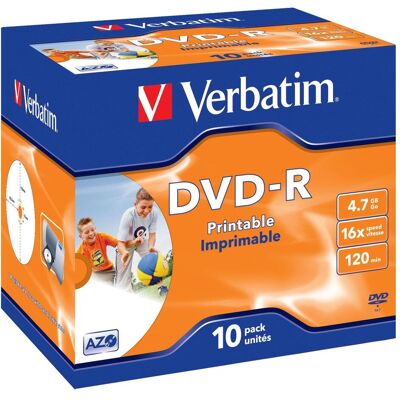 Verbatim DVD-R 4,7 Go (120 min) 16x Printable jewel box, 10pack (10x), Support de données optiques - Publicité Verbatim DVD-R 4,7 Go (120 min) 16x Printable jewel box, 10pack (10x), Support de données optiques - Publicité