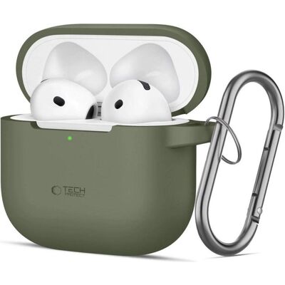 Coque en silicone pour Apple AirPods 4 avec mousqueton - Vert - Publicité Coque en silicone pour Apple AirPods 4 avec mousqueton - Vert - Publicité