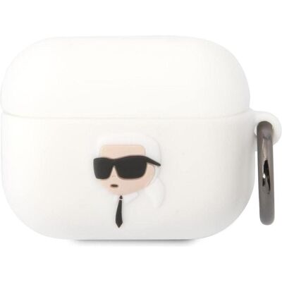 Étui en silicone blanc Karl Lagerfeld pour Airpods Pro avec anneau - Logo 3D - Publicité Étui en silicone blanc Karl Lagerfeld pour Airpods Pro avec anneau - Logo 3D - Publicité