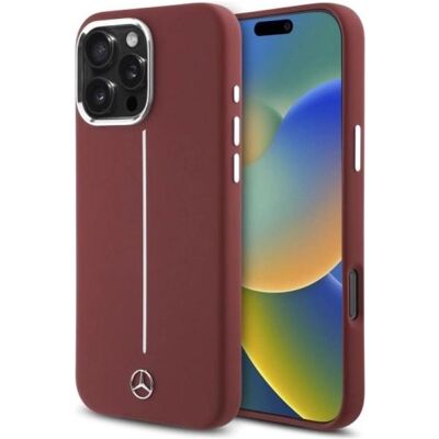 Coque en silicone rouge avec bande pour iPhone 16 Pro Max MagSafe Mercedes-Benz - Publicité Coque en silicone rouge avec bande pour iPhone 16 Pro Max MagSafe Mercedes-Benz - Publicité