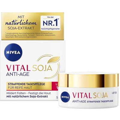 NIVEA, Crème visage, Vital Soja Anti-Age Soin de Jour Raffermissant SPF 15 (50 ml, Crème 24h, SPF 15) - Publicité NIVEA, Crème visage, Vital Soja Anti-Age Soin de Jour Raffermissant SPF 15 (50 ml, Crème 24h, SPF 15) - Publicité