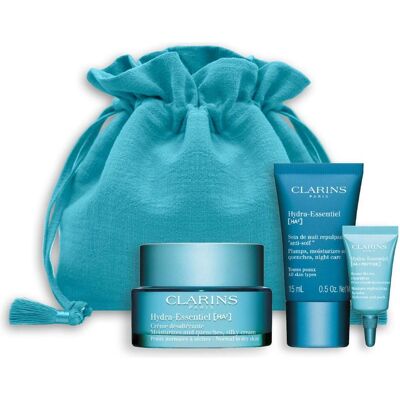 Clarins, Set cadeau beauté, Hydraessentiel Blue Bag Nazionale Kit (Kit de soins du visage) - Publicité Clarins, Set cadeau beauté, Hydraessentiel Blue Bag Nazionale Kit (Kit de soins du visage) - Publicité