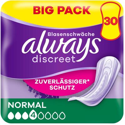 Always Discreet - Serviettes pour fuites urinaires - Noyau à double protection - 30 pièces - Publicité Always Discreet - Serviettes pour fuites urinaires - Noyau à double protection - 30 pièces - Publicité