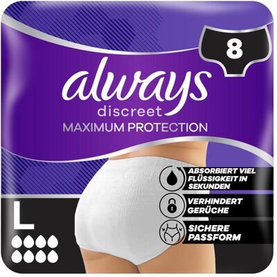 Always, Produits pour l'incontinence, Discreet Inkontinenz Pants Max Protection L 8 Hygieneeinlage 8 Stück (8x, L) - Publicité Always, Produits pour l'incontinence, Discreet Inkontinenz Pants Max Protection L 8 Hygieneeinlage 8 Stück (8x, L) - Publicité