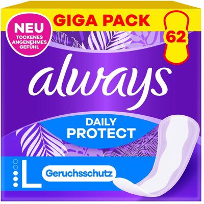 Always, Serviette, Slipeinlage Daily Protect Long mit leichtem Duft Gigapack 62 Damenbinde 62 Stück (62x) - Publicité Always, Serviette, Slipeinlage Daily Protect Long mit leichtem Duft Gigapack 62 Damenbinde 62 Stück (62x) - Publicité