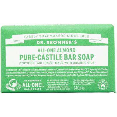 Savon de Castille Amande de Dr Bronner's - Bio, Fair Trade, 140g - Publicité Savon de Castille Amande de Dr Bronner's - Bio, Fair Trade, 140g - Publicité