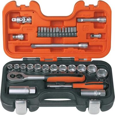Bahco Clé à douille + douilles, 1/4"- und 3/8"-Steckschlüssel-Satz, metrisch, Sechskant, inklusive Umschaltknarre - 34-teilig - Publicité Bahco Clé à douille + douilles, 1/4"- und 3/8"-Steckschlüssel-Satz, metrisch, Sechskant, inklusive Umschaltknarre - 34-teilig - Publicité