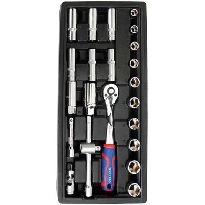 Workpro, Clé à douille + douilles, 3/8 in ratchet wrench and socket set 23 pieces, metric (10 mm, 11 mm, 12 mm, 13 mm, 14 mm, 15 mm, 16 mm, 17 mm, 18 mm, 19 mm, 21 mm) - Publicité Workpro, Clé à douille + douilles, 3/8 in ratchet wrench and socket set 23 pieces, metric (10 mm, 11 mm, 12 mm, 13 mm, 14 mm, 15 mm, 16 mm, 17 mm, 18 mm, 19 mm, 21 mm) - Publicité