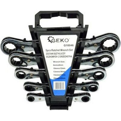 GEKO, Clé à molette, Jeu de clés à cliquet 5 pces, 6-22 mm, support plastique (10 mm, 11 mm, 12 mm, 13 mm, 14 mm, 15 mm, 16 mm, 17 mm, 18 mm, 19 mm, 20 mm, 21 mm, 22 mm, 6 mm, 7 mm, 8 mm, 9 mm) - Publicité GEKO, Clé à molette, Jeu de clés à cliquet 5 pces, 6-22 mm, support plastique (10 mm, 11 mm, 12 mm, 13 mm, 14 mm, 15 mm, 16 mm, 17 mm, 18 mm, 19 mm, 20 mm, 21 mm, 22 mm, 6 mm, 7 mm, 8 mm, 9 mm) - Publicité