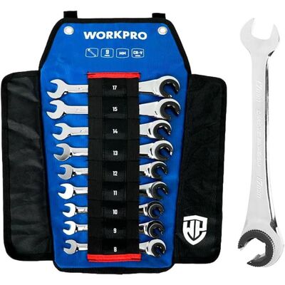 Workpro, Clé à molette, Combination wrenches with open ratchet, 8-18 mm, set 9 pieces (10 mm, 11 mm, 12 mm, 13 mm, 14 mm, 15 mm, 17 mm, 8 mm, 9 mm) - Publicité Workpro, Clé à molette, Combination wrenches with open ratchet, 8-18 mm, set 9 pieces (10 mm, 11 mm, 12 mm, 13 mm, 14 mm, 15 mm, 17 mm, 8 mm, 9 mm) - Publicité