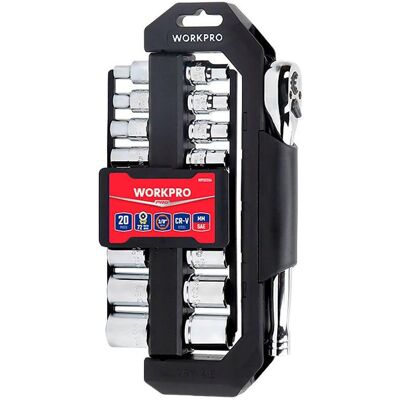 Workpro, Clé à douille + douilles, 3/8 in ratchet wrench and socket, swivel holder, set 20 pieces, metric-sae (1/2", 1/4", 10 mm, 11 mm, 11/16", 13 mm, 14 mm, 16 mm, 17 mm, 18 mm, 3/4", 3/8", 5/16", 5/8", 7/16", 8 mm, 9 mm, 9/16") - Publicité Workpro, Clé à douille + douilles, 3/8 in ratchet wrench and socket, swivel holder, set 20 pieces, metric-sae (1/2", 1/4", 10 mm, 11 mm, 11/16", 13 mm, 14 mm, 16 mm, 17 mm, 18 mm, 3/4", 3/8", 5/16", 5/8", 7/16", 8 mm, 9 mm, 9/16") - Publicité