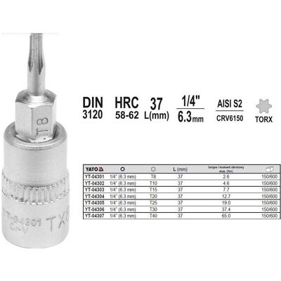 Yato, Clé à douille + douilles, KLUCZ TRZPIENIOWY TORX 1/4" T30x37mm (1/4") - Publicité Yato, Clé à douille + douilles, KLUCZ TRZPIENIOWY TORX 1/4" T30x37mm (1/4") - Publicité