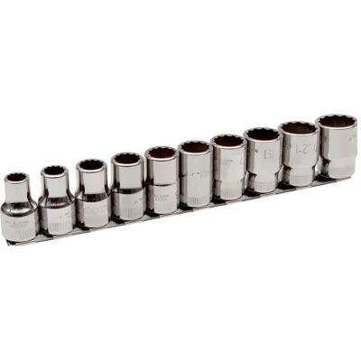 Irimo, Clé à douille + douilles, Jeu de douilles 1/2" à emmanchement carré, métrique, 12 pans - 10 pièces, sur bornier (1/2") - Publicité Irimo, Clé à douille + douilles, Jeu de douilles 1/2" à emmanchement carré, métrique, 12 pans - 10 pièces, sur bornier (1/2") - Publicité