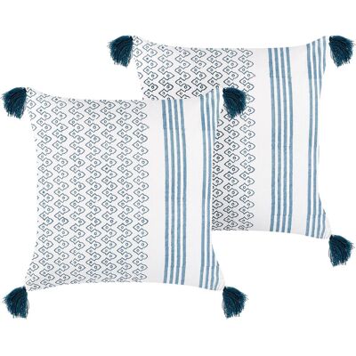 Beliani Ensemble de 2 Coussins en Coton Bleu Géométrique - Publicité Beliani Ensemble de 2 Coussins en Coton Bleu Géométrique - Publicité