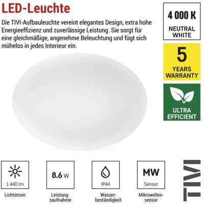 Emos, Plafonnier, LED-Deckenleuchte TIVI, A CLASS, MW sensor, rund weiss 8,6W, IP44, Neutral Weiss (1440 lm) - Publicité Emos, Plafonnier, LED-Deckenleuchte TIVI, A CLASS, MW sensor, rund weiss 8,6W, IP44, Neutral Weiss (1440 lm) - Publicité