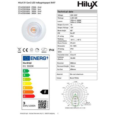 Light Solutions HiluX D1 Gen3 - Downlight LED à spectre complet - 2,8W - RA97 3000K - Blanc - Publicité Light Solutions HiluX D1 Gen3 - Downlight LED à spectre complet - 2,8W - RA97 3000K - Blanc - Publicité