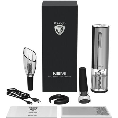 Prestigio - Nemi - Argenté - Automatique - Coffret d'ouvre-bouteilles électrique - Publicité Prestigio - Nemi - Argenté - Automatique - Coffret d'ouvre-bouteilles électrique - Publicité
