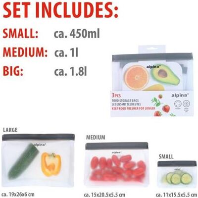 alpina Sacs de stockage d'aliments 3pc réutilisables, Emballage alimentaire, Transparent - Publicité alpina Sacs de stockage d'aliments 3pc réutilisables, Emballage alimentaire, Transparent - Publicité