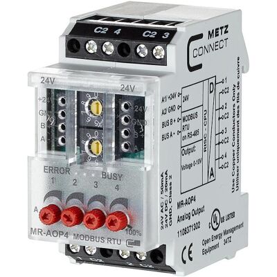 Metz - MR-AOP4 - 4 sorties analogiques - 0-10V - Module Modbus - Publicité Metz - MR-AOP4 - 4 sorties analogiques - 0-10V - Module Modbus - Publicité