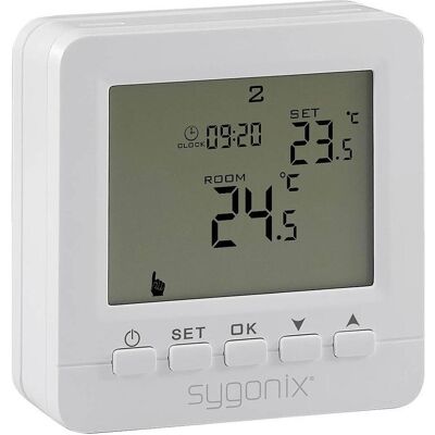 Sygonix SY-6805680 SY02B05RF Funk-Raumthermostat Aufputz Wochenprogramm 1 St., Thermostat, Blanc - Publicité Sygonix SY-6805680 SY02B05RF Funk-Raumthermostat Aufputz Wochenprogramm 1 St., Thermostat, Blanc - Publicité