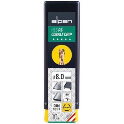 Alpen, Foret, HSS PZ-Cobalt GRIP DIN 1897 Ø 8.0 Queue 3 faces (10 pièces) (8.0 millimètres) - Publicité Alpen, Foret, HSS PZ-Cobalt GRIP DIN 1897 Ø 8.0 Queue 3 faces (10 pièces) (8.0 millimètres) - Publicité
