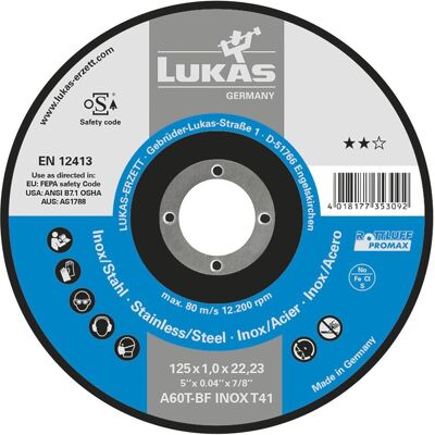 LUKAS-ERZETT Disque de coupe T41 pour acier inoxydable 125x1 mm - Résistant - Publicité LUKAS-ERZETT Disque de coupe T41 pour acier inoxydable 125x1 mm - Résistant - Publicité