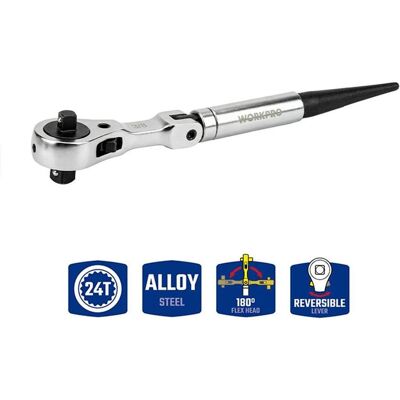 Workpro, Clé à cliquet, Clé à cliquet 2-en-1, réversible ½-3/8 pouces, 24 dents (1/2", 3/8") - Publicité Workpro, Clé à cliquet, Clé à cliquet 2-en-1, réversible ½-3/8 pouces, 24 dents (1/2", 3/8") - Publicité