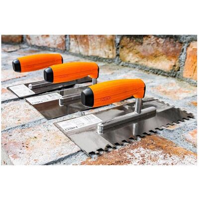 Neo, Truelle + spatule, Truelle avec dents 270x128mm, dents 10x10x10mm, manche bimatière (50-169) (12.80 cm) - Publicité Neo, Truelle + spatule, Truelle avec dents 270x128mm, dents 10x10x10mm, manche bimatière (50-169) (12.80 cm) - Publicité