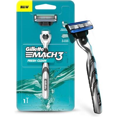 Rasoir Gillette Mach 3 - Acier inoxydable et plastique, lavable - Publicité Rasoir Gillette Mach 3 - Acier inoxydable et plastique, lavable - Publicité
