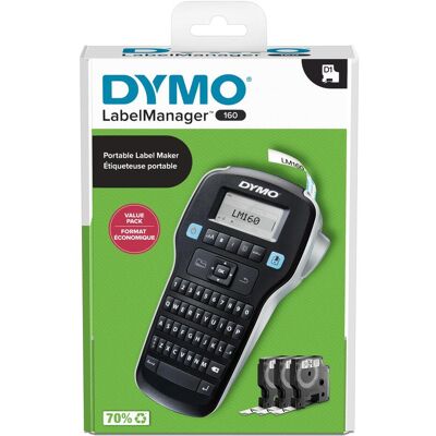 Dymo LabelManager 160 Value Pack avec 3 rubans D1 12mm Azerty, Étiqueteuse, Noir - Publicité Dymo LabelManager 160 Value Pack avec 3 rubans D1 12mm Azerty, Étiqueteuse, Noir - Publicité