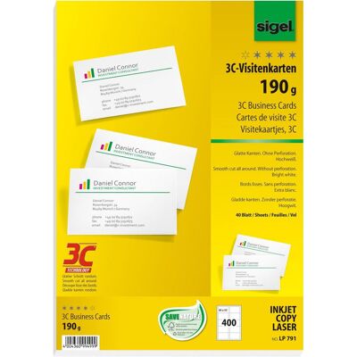 Sigel, Papier, Cartes de visite 3C (A4, 400 feuilles, 190 g/m²) - Publicité Sigel, Papier, Cartes de visite 3C (A4, 400 feuilles, 190 g/m²) - Publicité