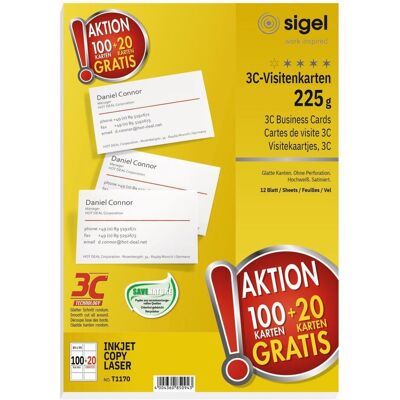 Sigel, Papier, Cartes de visite 100+20pcs 85x55mm (A4, 225 g/m²) - Publicité Sigel, Papier, Cartes de visite 100+20pcs 85x55mm (A4, 225 g/m²) - Publicité