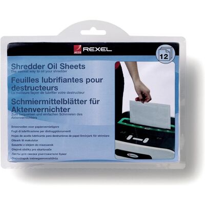 Rexel, Destructeur de documents : accessoires, Feuilles de lubrifiant pour les destructeurs de documents - Publicité Rexel, Destructeur de documents : accessoires, Feuilles de lubrifiant pour les destructeurs de documents - Publicité