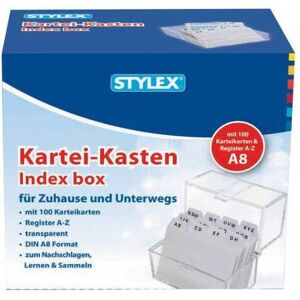 Stylex, Porte-cartes, Boîte à fiches A8 transparente, 100 fiches incluses - Publicité Stylex, Porte-cartes, Boîte à fiches A8 transparente, 100 fiches incluses - Publicité