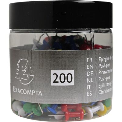 Exacompta, Présentation : accessoires, Boîte de 200 épingles Push Pins - Hauteur de pointe 7mm - 10mm de diamètre - Couleurs assorties - Publicité Exacompta, Présentation : accessoires, Boîte de 200 épingles Push Pins - Hauteur de pointe 7mm - 10mm de diamètre - Couleurs assorties - Publicité
