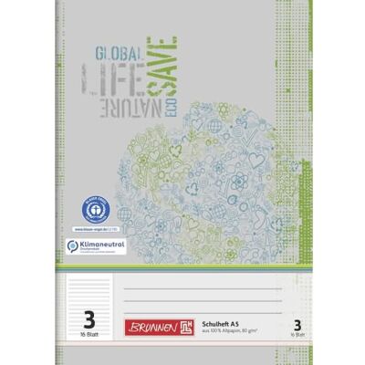 Brunnen, Cahier + bloc-notes, Cahier d'école recyclé Ligné 3 DIN A5 sans marge, 16 feuilles (A5, À rayures, Couverture souple) - Publicité Brunnen, Cahier + bloc-notes, Cahier d'école recyclé Ligné 3 DIN A5 sans marge, 16 feuilles (A5, À rayures, Couverture souple) - Publicité