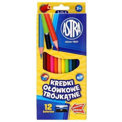 Astra, Écriture + dessin, Crayons de couleur triangulaires 12 pièces avec taille-crayon (12x) - Publicité Astra, Écriture + dessin, Crayons de couleur triangulaires 12 pièces avec taille-crayon (12x) - Publicité