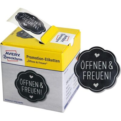 Avery Étiquettes, Autocollant promotionnel Ouvrir&réjouir - Publicité Avery Étiquettes, Autocollant promotionnel Ouvrir&réjouir - Publicité
