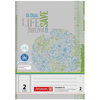 Brunnen, Cahier + bloc-notes, Cahier d'école recyclé Ligné 2 DIN A5 sans marge, 16 feuilles (A5, À rayures, Couverture souple) - Publicité Brunnen, Cahier + bloc-notes, Cahier d'école recyclé Ligné 2 DIN A5 sans marge, 16 feuilles (A5, À rayures, Couverture souple) - Publicité