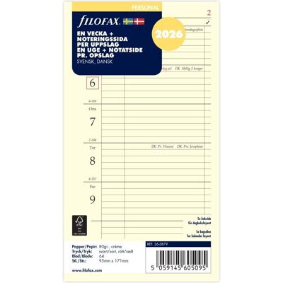 Filofax, Agenda, Refill Personal 2026 Uge Per Siden + Notat Svensk/Dansk/Norsk (1 semaine / 2 pages) - Publicité Filofax, Agenda, Refill Personal 2026 Uge Per Siden + Notat Svensk/Dansk/Norsk (1 semaine / 2 pages) - Publicité