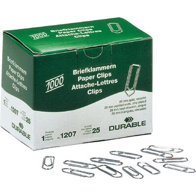 Durable, Attaches, Trombones galvanisés, pointus, 26mm (1000x) - Publicité Durable, Attaches, Trombones galvanisés, pointus, 26mm (1000x) - Publicité