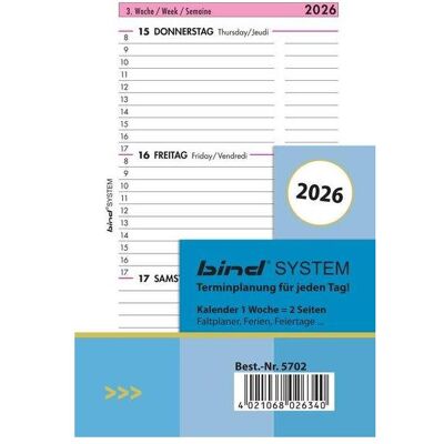 Bind, Agenda, Kalendereinlage 2026 Mini (7,9 x 12,5 cm) (A7, 1 semaine / 2 pages) - Publicité Bind, Agenda, Kalendereinlage 2026 Mini (7,9 x 12,5 cm) (A7, 1 semaine / 2 pages) - Publicité