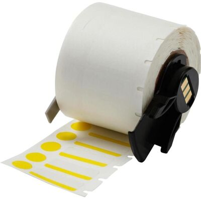 Brady, Rouleau d’étiquettes, M6-98-494-YL, polyester, blanc/jaune, brillant, 25.40 x 9.53 mm, avec étiquette de couverture (46.02 mm) - Publicité Brady, Rouleau d’étiquettes, M6-98-494-YL, polyester, blanc/jaune, brillant, 25.40 x 9.53 mm, avec étiquette de couverture (46.02 mm) - Publicité